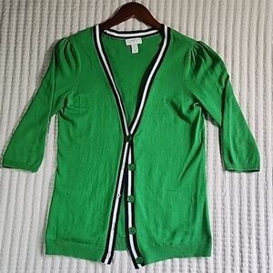 ANN TAYLOR LOFT Cardigan Sweater Sz M Green & Blue Nautical Women’s 3/4 Sleeve
